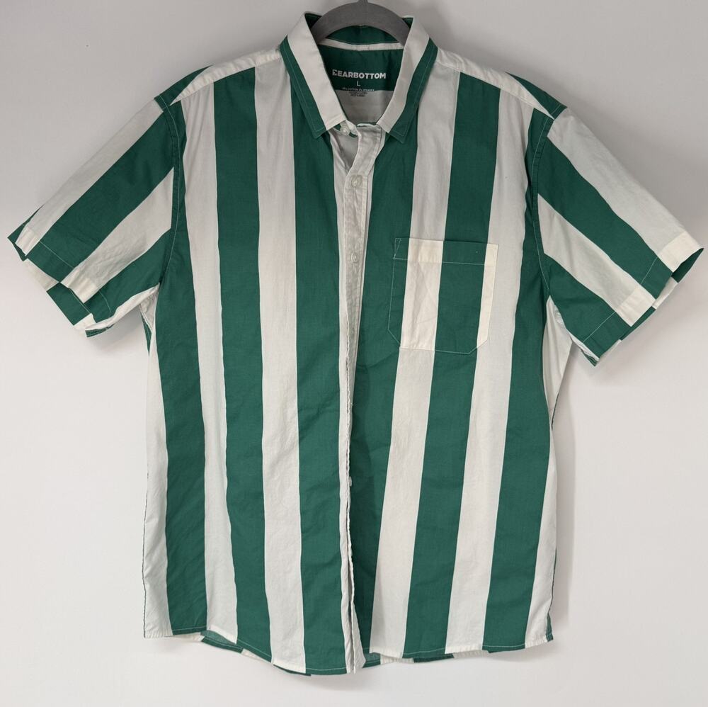 Bearbottom Marina Button Up Shirt Mens L Green White Stripes Casual Camp Stretch